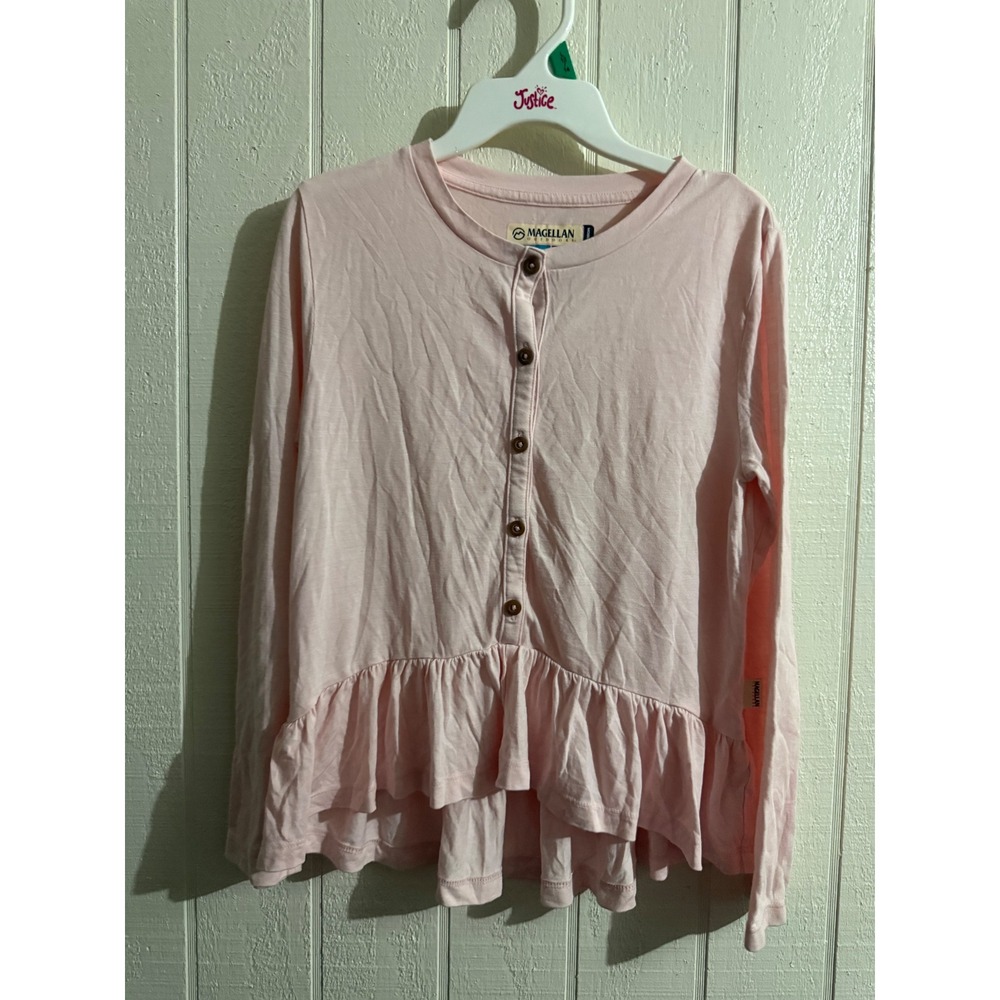 Magellan Outdoors Girls Pink Fish Gear Peplum Long Sleeve Top Size M 8-10